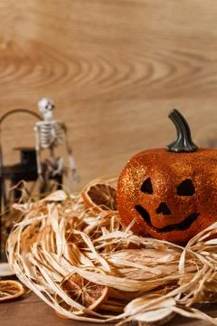 Jack o lantern arranged on table Stock Photos