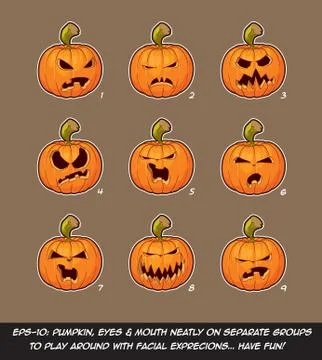 Jack O Lantern Cartoon - 9 Angry Expressions Set Stock Illustration
