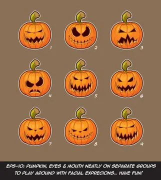 Jack O Lantern Cartoon - 9 Scary Expressions Set Stock Illustration