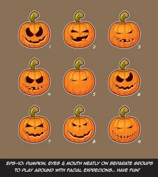 Jack O Lantern Cartoon - 9 Mean n Naughty Expressions Set Stock Illustration