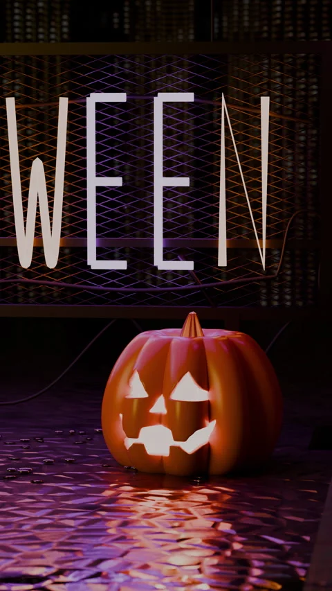 Jack-o'-lantern centered beneath a suspended neon sign in, Vertical 9:16 4K Stock Footage 346188762