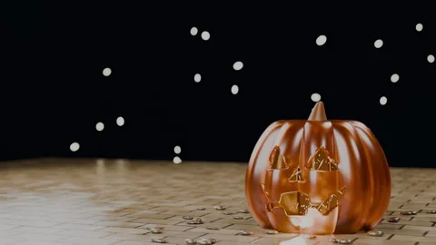 Jack-o'-lantern face with candle glow on shiny brick pathway, 4K Stock Footage 346120301