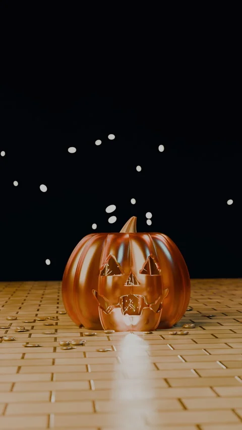 Jack-o'-lantern face with candle glow on shiny golden pavers, Vertical 9:16 4K Stock Footage 346120317
