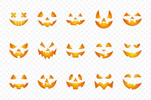 Jack-o-Lantern Faces Collection for Halloween Pumpkin Carving, Colorful Stock Illustration