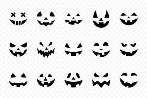 Jack-o-Lantern Faces Collection for Halloween Pumpkin Carving, Black Silhouette Stock Illustration