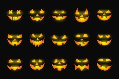Jack-o-Lantern Glowing Faces Collection for Halloween Pumpkin Carving, Colorful Stock Illustration