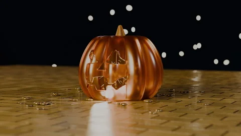 Jack-o'-lantern on golden floor with spirit lights in dark woods, 4K Stock Footage 346119898