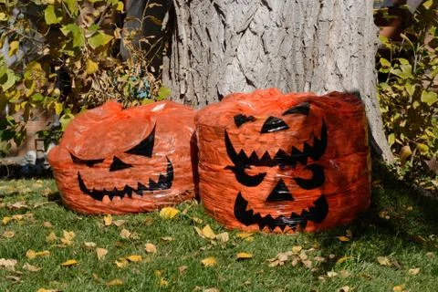 Jack O lantern Halloween leaf bags Stock Photos
