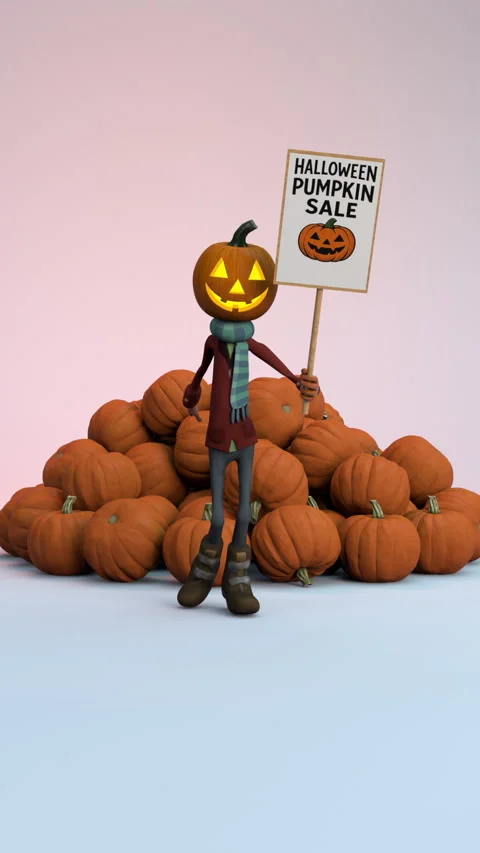 Jack O Lantern Halloween pumpkin sale – 3d render looped. Video stock 317149618