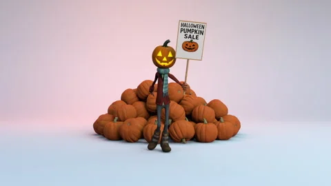 Jack O Lantern Halloween pumpkin sale – 3d render looped. Video stock 317149641