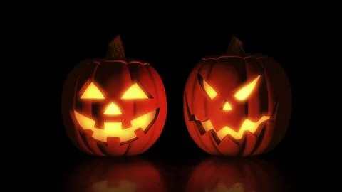 Jack O Lantern halloween pumpkin on black background with light reflection on Stock Illustration