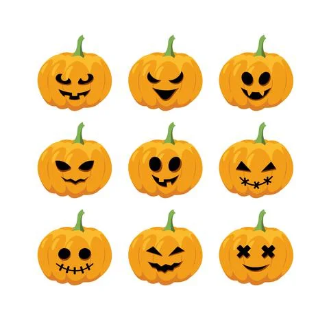 Jack o Lantern. Halloween pumpkin set. Cartoon, flat, vector Stock Illustration