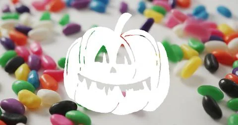 Jack-o-lantern image over colorful jelly beans scattered on white background Stock Illustration