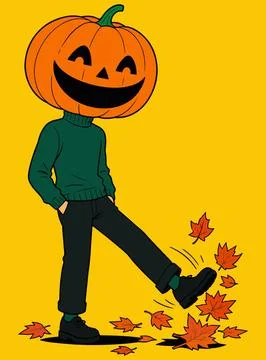 Jack-o'-lantern kicking autumn leaves Stock Illustration