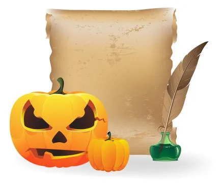 Jack o lantern, papyrus and feather Stock Illustration