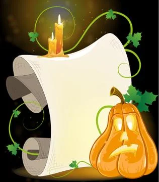 Jack o' lantern, parchment and burning candles Stock Illustration