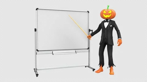 Jack O Lantern with pointer stick near whiteboard - looped with alpha channel. Stock Footage 246321775