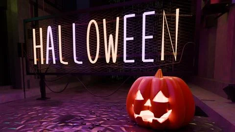 Jack-o'-lantern pulling back to show complete neon sign in ruby light Stock Illustration