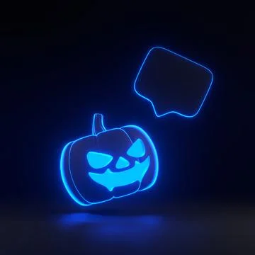 Jack-o-Lantern pumpkin and speech bubble with neon lights on black background Stock Illustration