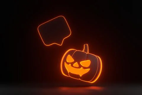 Jack-o-Lantern pumpkin and speech bubble with neon lights on black background Stock Illustration