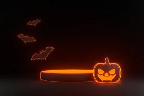 Jack-o-Lantern pumpkin and podium with neon lights on black background Stock Illustration