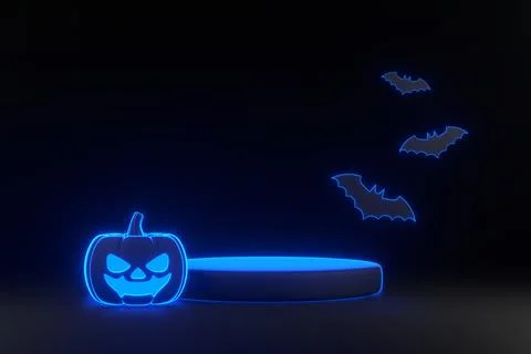 Jack-o-Lantern pumpkin and podium with neon lights on black background Stock Illustration