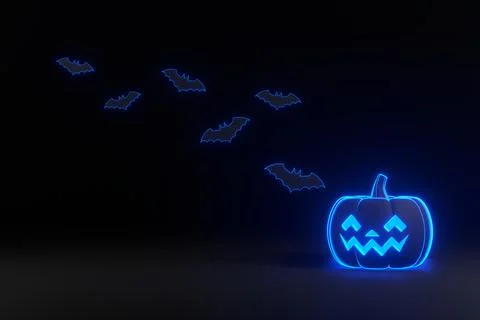 Jack-o-Lantern pumpkin and bats with blue neon lights on black background Stock Illustration