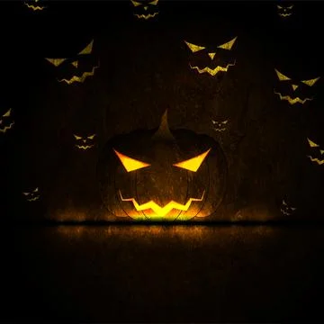 Jack o lantern pumpkin and glowing eyes of monsters in the dark of night. Hal Stock Illustration