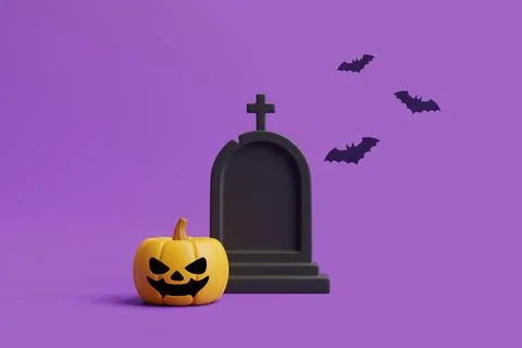 Jack-o-Lantern pumpkin with bats and grave on purple background Stock Illustration