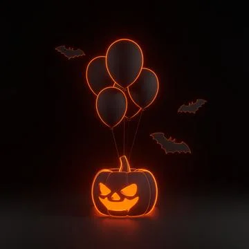 Jack-o-Lantern pumpkin, bats and balloons with neon lights on black background Stock Illustration
