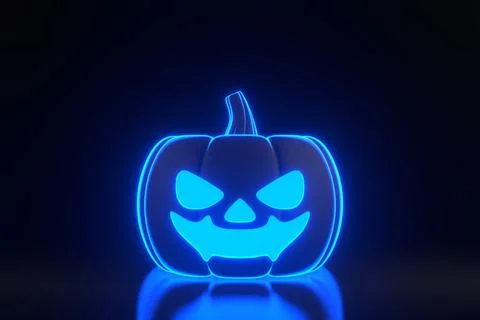 Jack-o-Lantern pumpkin with bright glowing blue neon lights on black background Stock Illustration