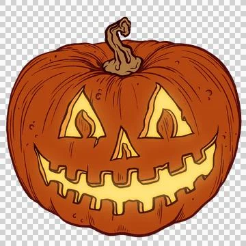 Jack-o'-lantern pumpkin is glowing with carved grin and eyes in flat design, Stock Illustration