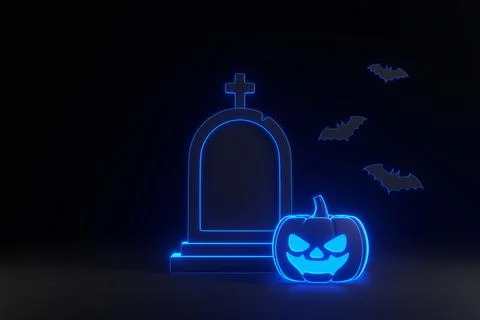 Jack-o-Lantern pumpkin with grave and bats with neon lights on black background Stock Illustration