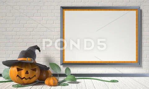 Jack O Lantern pumpkin, green leafs and mock up blank poster on white wall. 3 Stock Illustration