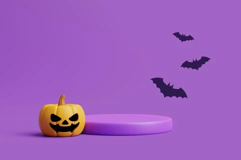 Jack-o-Lantern pumpkin with podium for product display and bats Stock Illustration