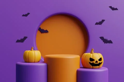 Jack-o-Lantern pumpkin with podium for product display and bats Illustrazione stock