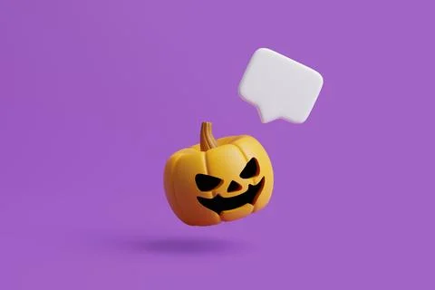 Jack-o-Lantern pumpkin with speech bubble and bats on purple background Stock Illustration
