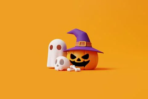 Jack-o-Lantern pumpkin wearing witch hat with skull, bone and ghost Stock Illustration