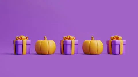 Jack-o-Lantern pumpkins and gift boxes on purple background. Happy Halloween Stock Illustration