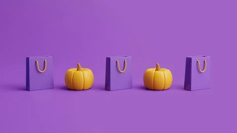 Jack-o-Lantern pumpkins and shopping bags on purple background Stock Illustration