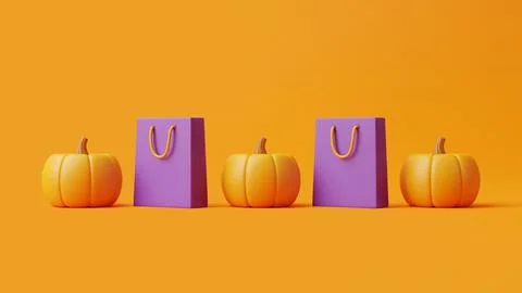 Jack-o-Lantern pumpkins and shopping bags on orange background Stock Illustration
