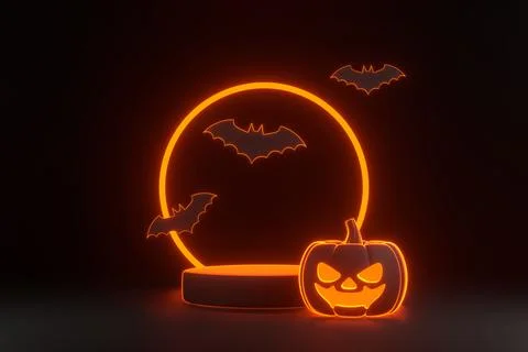 Jack-o-Lantern pumpkins and podium for product display with orange neon light Stock Illustration