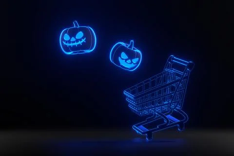 Jack-o-Lantern pumpkins and shopping cart with neon lights on black background Stock Illustration