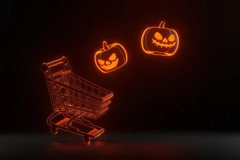 Jack-o-Lantern pumpkins and shopping cart with neon lights on black background Stock Illustration