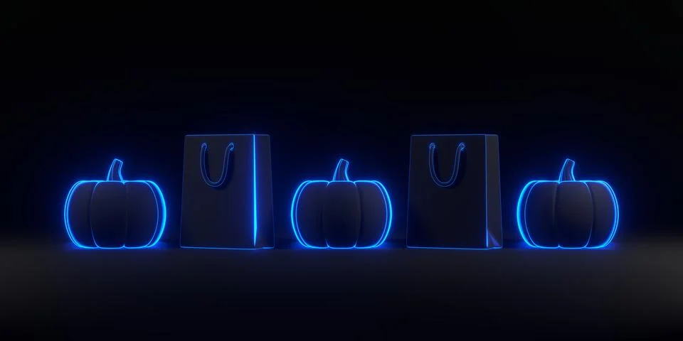 Jack-o-Lantern pumpkins and shopping bags with neon lights on black background Stock Illustration