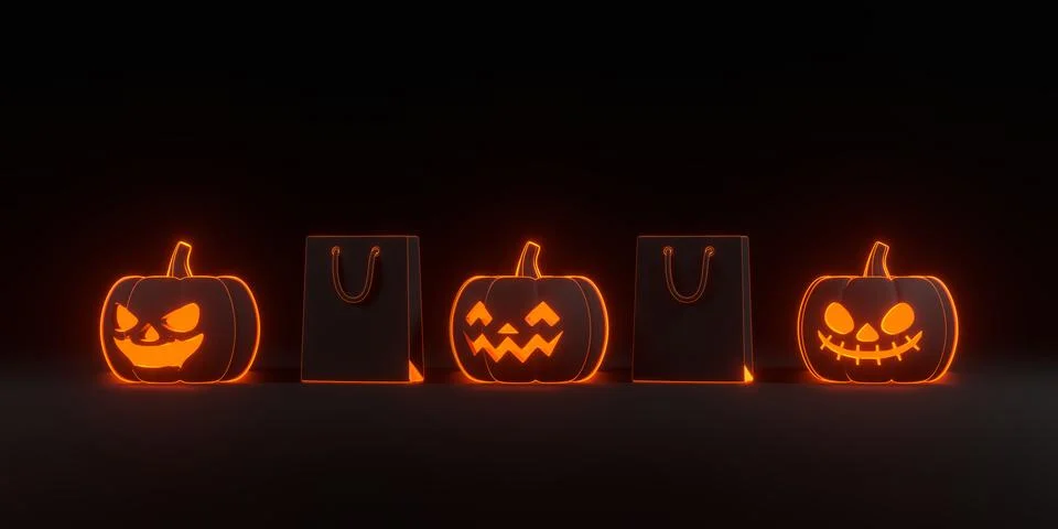 Jack-o-Lantern pumpkins and shopping bags with neon lights on black background Stock Illustration