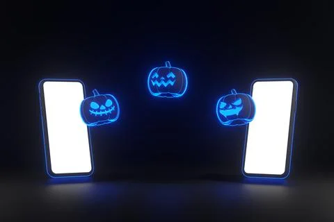 Jack-o-Lantern pumpkins and smartphone with neon lights on black background Stock Illustration
