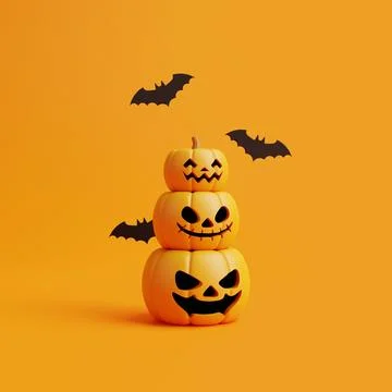 Jack-o-Lantern pumpkins with bats on orange background. Happy Halloween Stock-Illustration