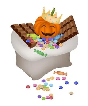 Jack-o-Lantern Pumpkins with Candies and Chocolate in A Sack Stock Illustration
