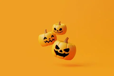 Jack-o-Lantern pumpkins floating on orange background. Happy Halloween Stock Illustration